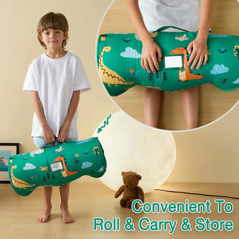 Child holding Rollup Toddler Nap Mat With Removable Pillow And Minky Blanket Dinosaur Themed Sleeping Bag For Daycare Preschool Travel