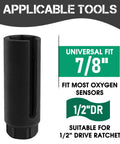 Black Oxygen Sensor Socket 22mm Seven Eighths Inch Hex With One Half Inch Drive, Heavy Duty O2 Sensor Removal Tool With Side Wire Cutout
