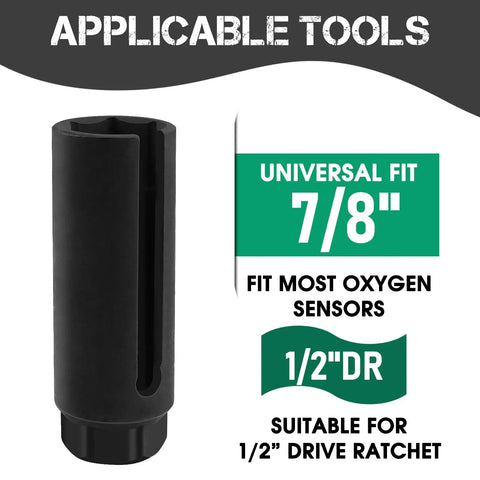 Black Oxygen Sensor Socket 22mm Seven Eighths Inch Hex With One Half Inch Drive, Heavy Duty O2 Sensor Removal Tool With Side Wire Cutout