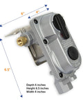 Side view of a 2-Stage Auto Changeover Propane Regulator With 12-Inch Pigtails For RVs Vans And Trailers, dimensions labeled.