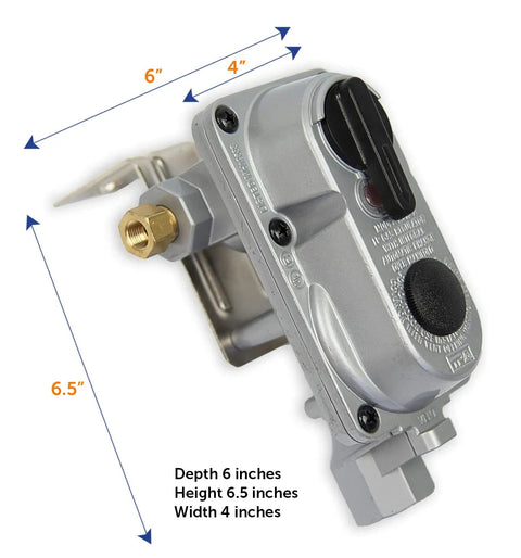 Side view of a 2-Stage Auto Changeover Propane Regulator With 12-Inch Pigtails For RVs Vans And Trailers, dimensions labeled.