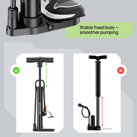 Versatile Handheld Bike Pump With Dual Presta And Schrader Valves for stable foot use, showcasing pump design and functionality.