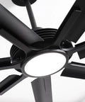 120 Inch Ceiling Fan With Lights For Large Commercial Spaces And Industrial Shops, Heavy Duty Outdoor Covered Area Fan Delivering Up To 24,000 CFM Of Powerful Airflow, Built For Big Open Rooms. Black LED ceiling fan close-up with wide blades