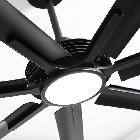 120 Inch Ceiling Fan With Lights For Large Commercial Spaces And Industrial Shops, Heavy Duty Outdoor Covered Area Fan Delivering Up To 24,000 CFM Of Powerful Airflow, Built For Big Open Rooms. Black LED ceiling fan close-up with wide blades