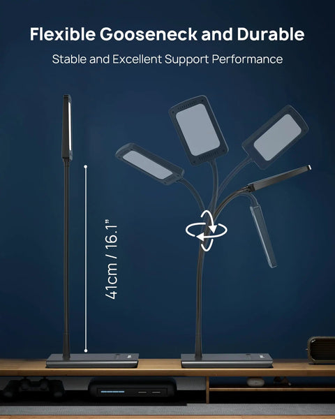 Bright Dimmable Eye Caring Desk Lamp with flexible gooseneck at different angles, ideal for home office or dorm room in black.