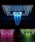 Modern Ceiling Concealed Led Shower Array With Three Broad Accent Bars And Five Plus One Spray Modes displaying water in various colors.