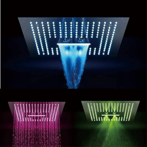 Modern Ceiling Concealed Led Shower Array With Three Broad Accent Bars And Five Plus One Spray Modes displaying water in various colors.