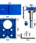 This Heavy Handed 35mm Concealed Door Hinge Drilling Jig Kit Delivers Laser Precision With Rugged Alloy Bits components and measurements.