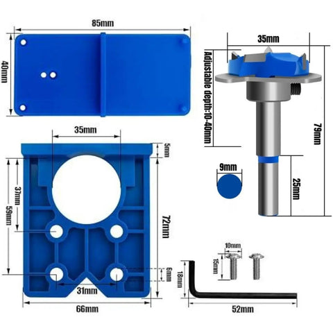 This Heavy Handed 35mm Concealed Door Hinge Drilling Jig Kit Delivers Laser Precision With Rugged Alloy Bits components and measurements.