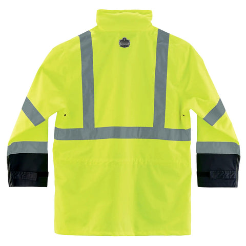 Back view of Hi Vis Reflective Rain Jacket Lime X Large ANSI Class 3 Waterproof with black bottom and reflective strips.