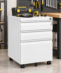 Built Tough As Nails Three Drawer Rolling Tool Chest With Swivel Wheels And Heavy Duty Locks, white steel organizer with tools.