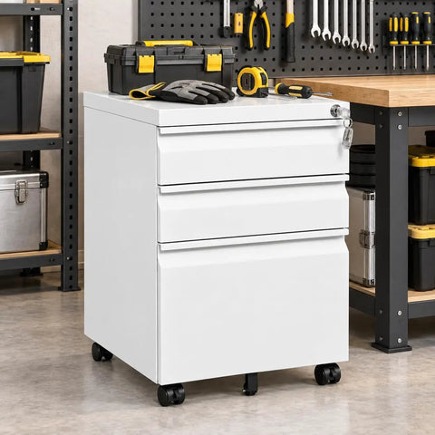 Built Tough As Nails Three Drawer Rolling Tool Chest With Swivel Wheels And Heavy Duty Locks, white steel organizer with tools.
