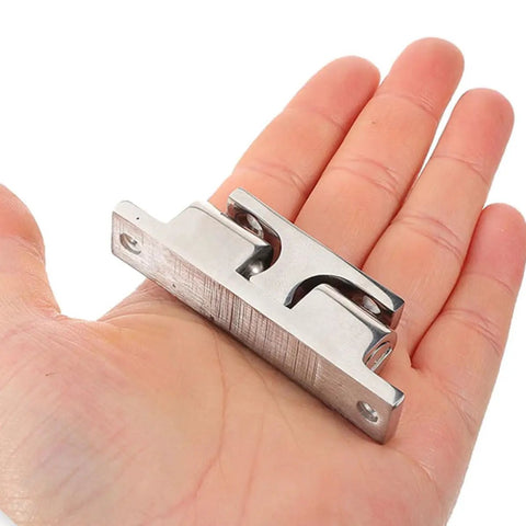 Upgrade Your Yacht With 4pc Stainless Steel Boat Door Catches Windproof Holders For Cabin Doors That Stop Noise And Slams Securely On Any Marine Vessel, held in hand.