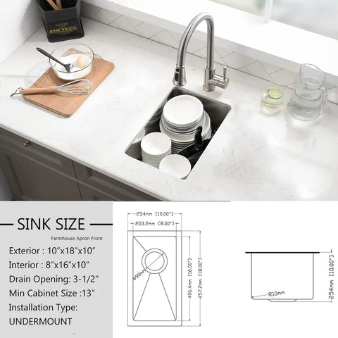 Undermount 10 Inch Bar Prep Sink, 16 Gauge Stainless Steel Single Bowl Kitchen Sink With Strainer And Bottom Grid installed in counter