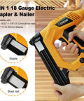 Pro Grade 18 Gauge Electric Brad Nailer And Stapler Workhorse featuring detailed view of stapler and brad nailer in use.