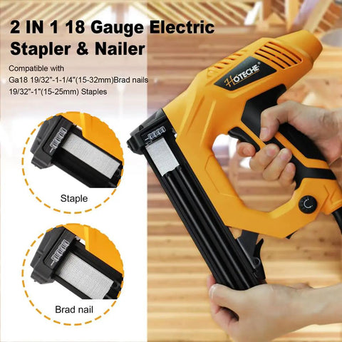 Pro Grade 18 Gauge Electric Brad Nailer And Stapler Workhorse featuring detailed view of stapler and brad nailer in use.