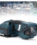 Electric Strapping Machine For PP PET Straps Automatic Steel Tie Gun Tensioner Wielder side view in warehouse setting