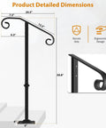 Rock Solid Outdoor Single Post Handrail Wrought Iron Step Railing Black Finish dimensions showing height and grip measurements.