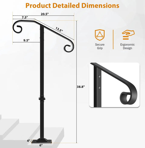 Rock Solid Outdoor Single Post Handrail Wrought Iron Step Railing Black Finish dimensions showing height and grip measurements.