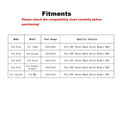 Fitment chart for Front Wheel Bearing Pair 510110 Fits Escape 2013-2019 FWD, Focus 2012-2018 FWD, Transit Connect 2014-2023 FWD.
