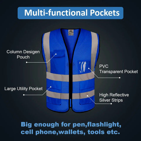 Top Shelf Mesh Safety Vest Class Two High Visibility Reflective Work Gear Featuring Heavy Duty Pockets And Fully Customizable Branding For Job Sites Royal Blue with multi-functional pockets.