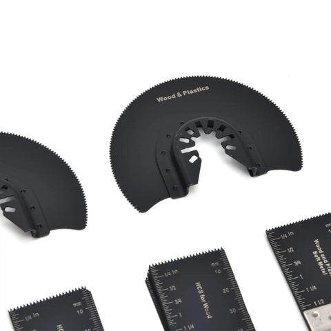 Close-up of blades from Versatile Oscillating Saw Blade Kit With Pro Grade High Carbon Steel Blades, Quick Release Multitool Design.