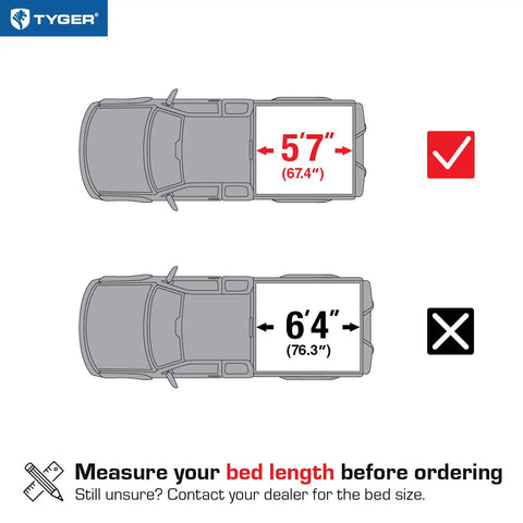 Illustration showing bed size guide for Ram 1500, highlighting correct 5'7" measurement for Soft Roll-Up Tonneau Cover For Ram 1500 2019 To 2026