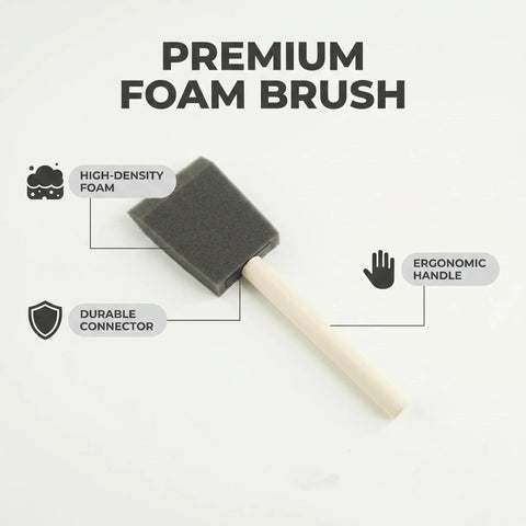 Super Smooth Poly Foam Paint Brushes With Ergonomic Handles For Effortless Application And Flawless Finish High Density Reusable Craft Tools Built Like A Rock For Killer DIY Results And Home Reno Jobs showing high-density foam bristles and ergonomic wooden handle.