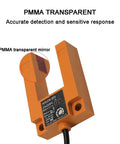 Infrared U Slot Photoelectric Sensor Proximity Switch Three Wire NPN PNP DC 12 24V Detection For Industrial Automation NO Output No Fuss Install Compact E3S GS30 GS15 GS7 Series Reliable Sensing Across Small Gaps, orange PMMA U-slot sensor