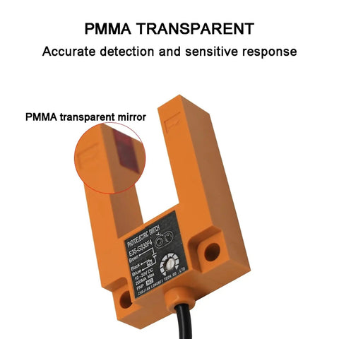 Infrared U Slot Photoelectric Sensor Proximity Switch Three Wire NPN PNP DC 12 24V Detection For Industrial Automation NO Output No Fuss Install Compact E3S GS30 GS15 GS7 Series Reliable Sensing Across Small Gaps, orange PMMA U-slot sensor