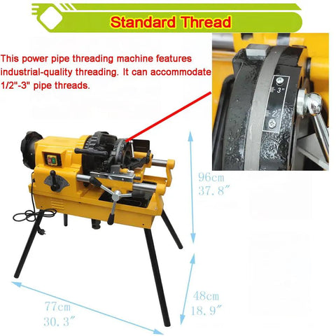 Built Tough Electric Pipe Threader Machine Combining Cutting Trimming And Threading For One Half To Three Inch NPT BSPT Water Gas Pipes And Electrical Conduits Working Like A Charm On 220V  pipe threader with measurements and pipe thread capacity