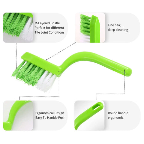 Six Piece Green Grout Cleaner Brush Set With Handle For Deep Cleaning Gaps, Floors, Kitchen And Bathroom With Stiff Bristles