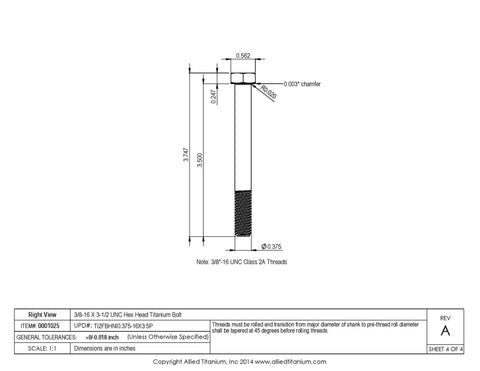 3/8 16 X 3 1/2 Inches Grade 2 Titanium Hex Head Bolt drawing, detail of threads for corrosion resistant fasteners.