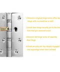 Door Hinge Security Screws 10 Pack For Anti Tamper Hinges And Pins shown installed on a door hinge with installation instructions