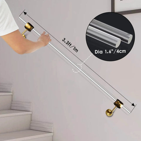 Sturdy 2 Pack Acrylic Indoor Stair Handrail Kit With Golden Wall Mount Brackets Crystal Clear Lucite Rail 3.3 Ft Each 1.6 In Dia