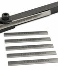 Top Shelf Mini Parting Tool Cut Off Holder With Eight Millimeter Shank And Six Sturdy M2 High Speed Steel Blades shown with blades set.