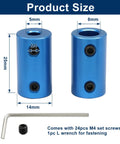 Six Pack 5mm To 8mm Bore Rigid Shaft Couplers Aluminum Alloy Blue, 25mm Length, 14mm Outside Diameter, M4 Set Screws, L Wrench Included, High Precision Shaft Alignment For CNC Robotics And Motor Projects product size diagram