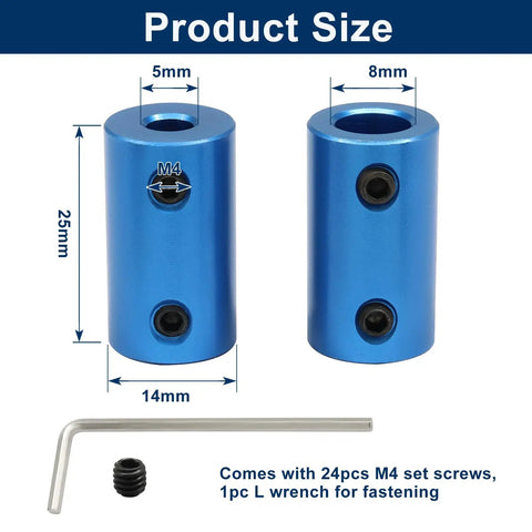 Six Pack 5mm To 8mm Bore Rigid Shaft Couplers Aluminum Alloy Blue, 25mm Length, 14mm Outside Diameter, M4 Set Screws, L Wrench Included, High Precision Shaft Alignment For CNC Robotics And Motor Projects product size diagram