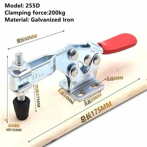 Heavy Duty Horizontal Toggle Clamps Set Of Twenty Pieces Featuring Quick Release Cam Action And Adjustable Tension For Kickass Woodworking Jigs And Shop Build Tasks, galvanized iron, model 255D, 200kg clamping force.