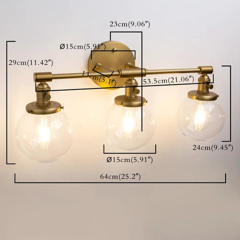 Three Light Vintage Industrial Bathroom Vanity Wall Sconce With Handblown Clear Glass Globes And Antique Gold Finish, 25.2 Inch Wide Triple Light Bath Fixture For A Soft Industrial Look with dimensions.
