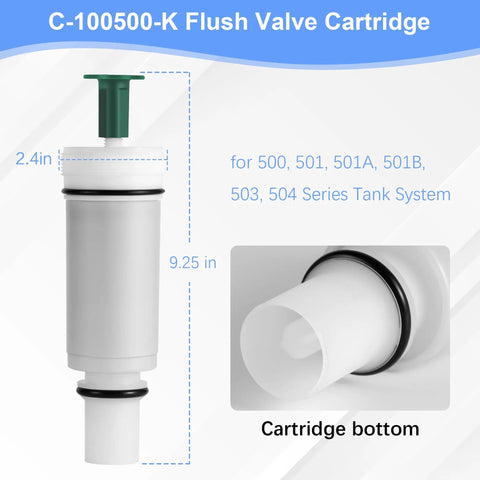 C-100500-K Flush Valve Cartridge Replacement for Power Assist Toilet Tanks, 2.4in x 9.25in, heavy duty ABS material.