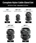 All Purpose Nylon Waterproof Cable Gland Kit 50 Pcs IP68 With PG7 NPT One Quarter Inch One Half Inch Three Quarter Inch One Inch Threads
