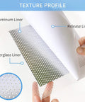 Close-up of 6 Inch Drywall Patch Kit Six Pack Self Adhesive 6x6 Aluminum Mesh Patches showing aluminum and fiberglass liner textures.