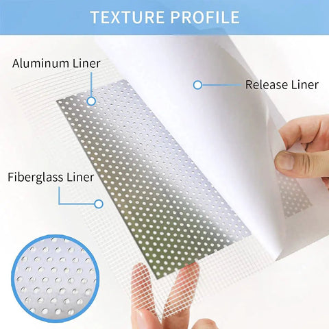 Close-up of 6 Inch Drywall Patch Kit Six Pack Self Adhesive 6x6 Aluminum Mesh Patches showing aluminum and fiberglass liner textures.