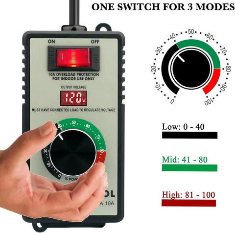 Tough As Nails 15A Peak AC Motor Speed Controller for Shop Fans with adjustable settings and voltage display in hand.
