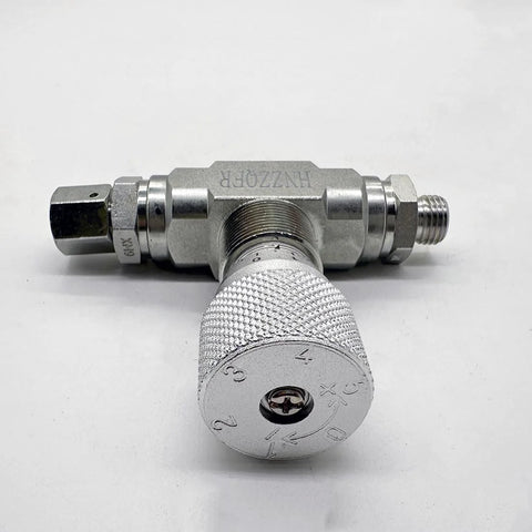 Metal tubular hydraulic bidirectional flow control valve with knurled adjustment dial and G3/8/L08 connector