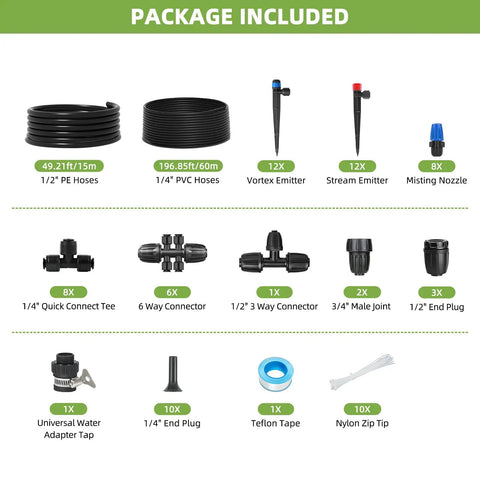 Complete Two Hundred Fifty Foot Drip Irrigation Kit For Gardens No Fuss Setup components including hoses and connectors
