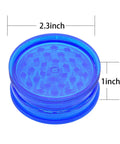 Blue 2.3-inch plastic spice grinder showing dimensions from the Six Pack Transparent Portable Herb Grinder Set With Storage Compartments Two Point Three Inch Plastic Spice Grinder For Manual Grinding Travel Friendly And Disposable Use Great For Herbs And Spices On The Go