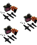 Three MG90S 9G Micro Servo Motors, metal gear, high torque, low noise, with accessories for RC robots, planes, cars.