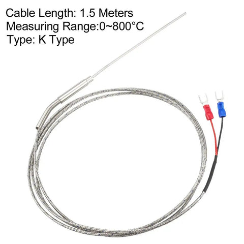 K Type Thermocouple Temperature Sensor Probe With 2mm X 100mm Stainless Steel Probe, 1.5M Cable, 32-1472F And 0-800C Range, 2 Insulated Fork Terminals